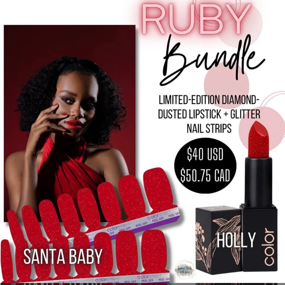 Color street Holly diamond dusted lipstick and Santa baby nail strips set